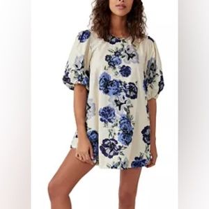 Free People Cream Blue Floral Maye Poplin Puff Sleeve  Tunic Dress Size XS